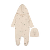 MEMA KNITS 2PC HOODED CHERRY PRINT FOOTIE WITH BEANIE SET